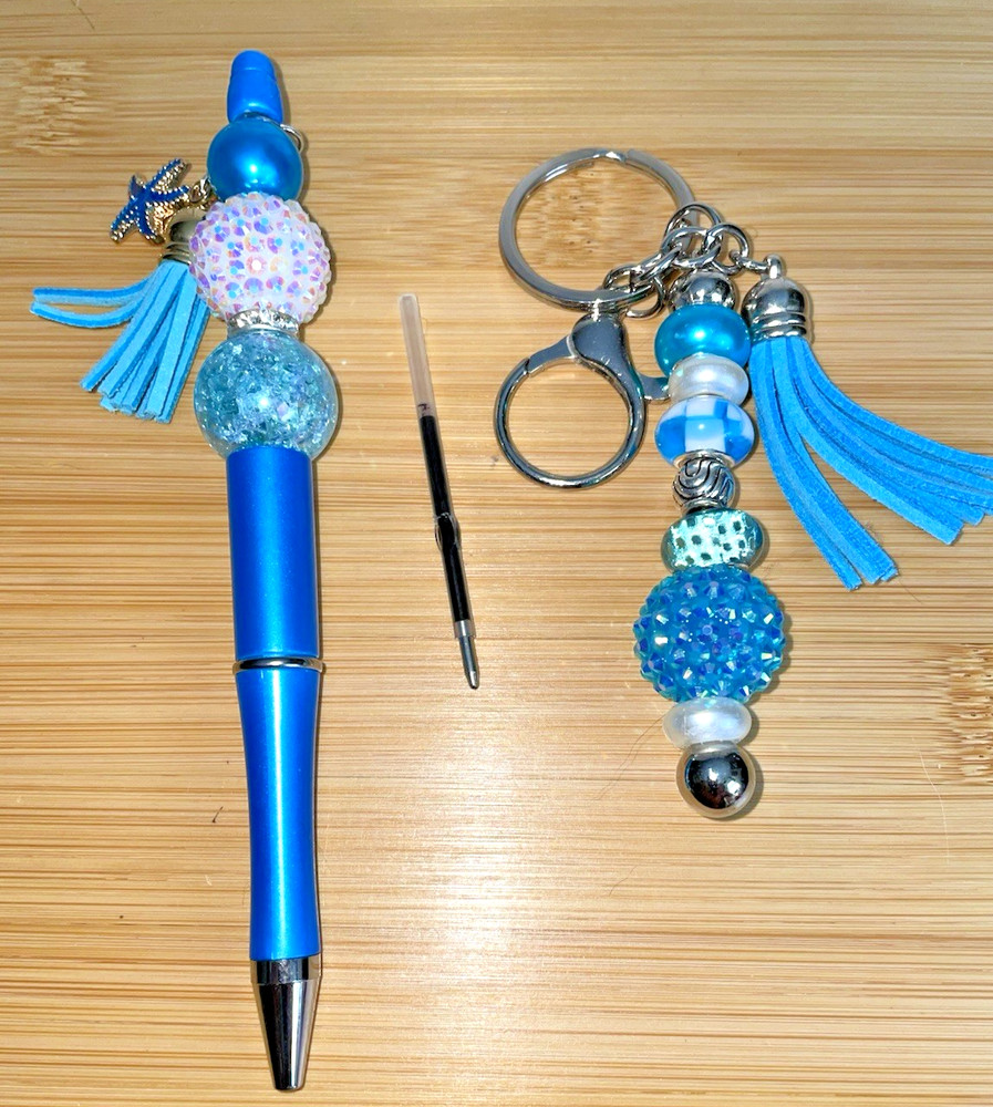 HAND MADE BEAD PEN & BEAD KEY CHAIN - & INK REFILL-