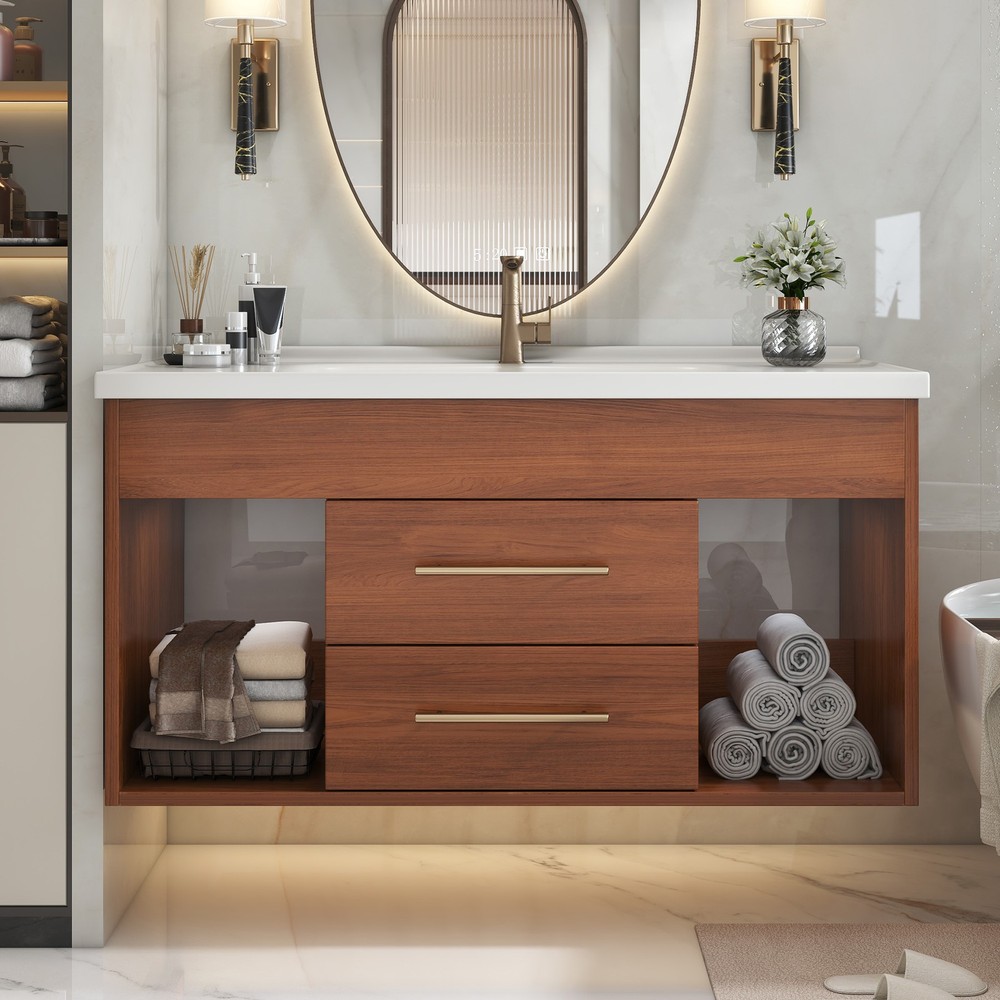 35.4" Bathroom Vanity w/Ceramic Sink Modern Wall-Mounted Storage Cabinet Walnut