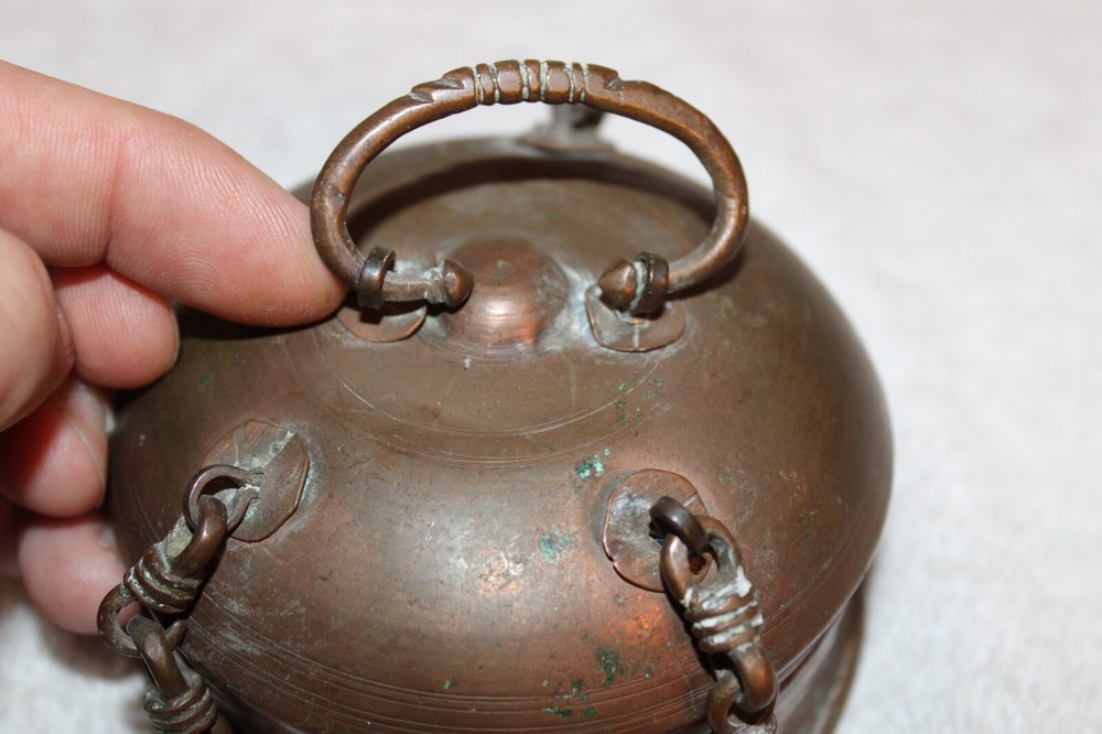 Antique Islamic Valuables Copper Chained Lidded Box