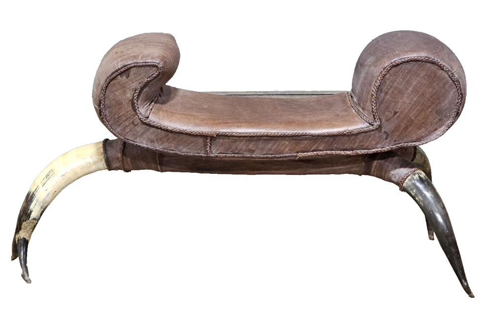 Western Style Leather and Horn Foot Rectangular Ottoman Bench Footstool