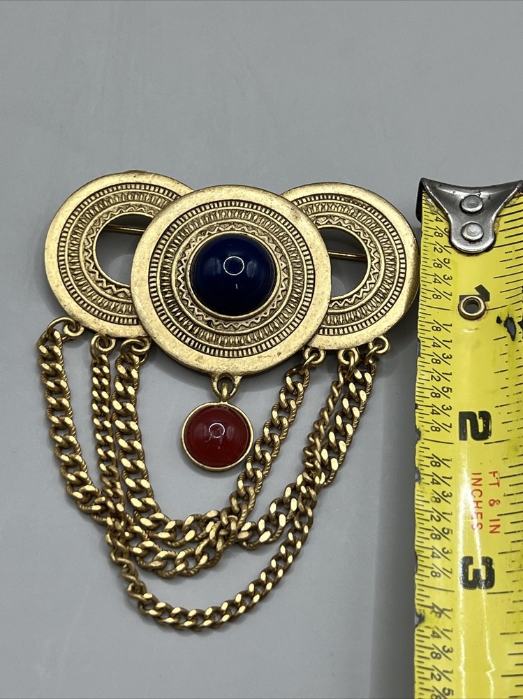 Navy Blue Interlocking Circles Brooch Pin Gold Tone Chains