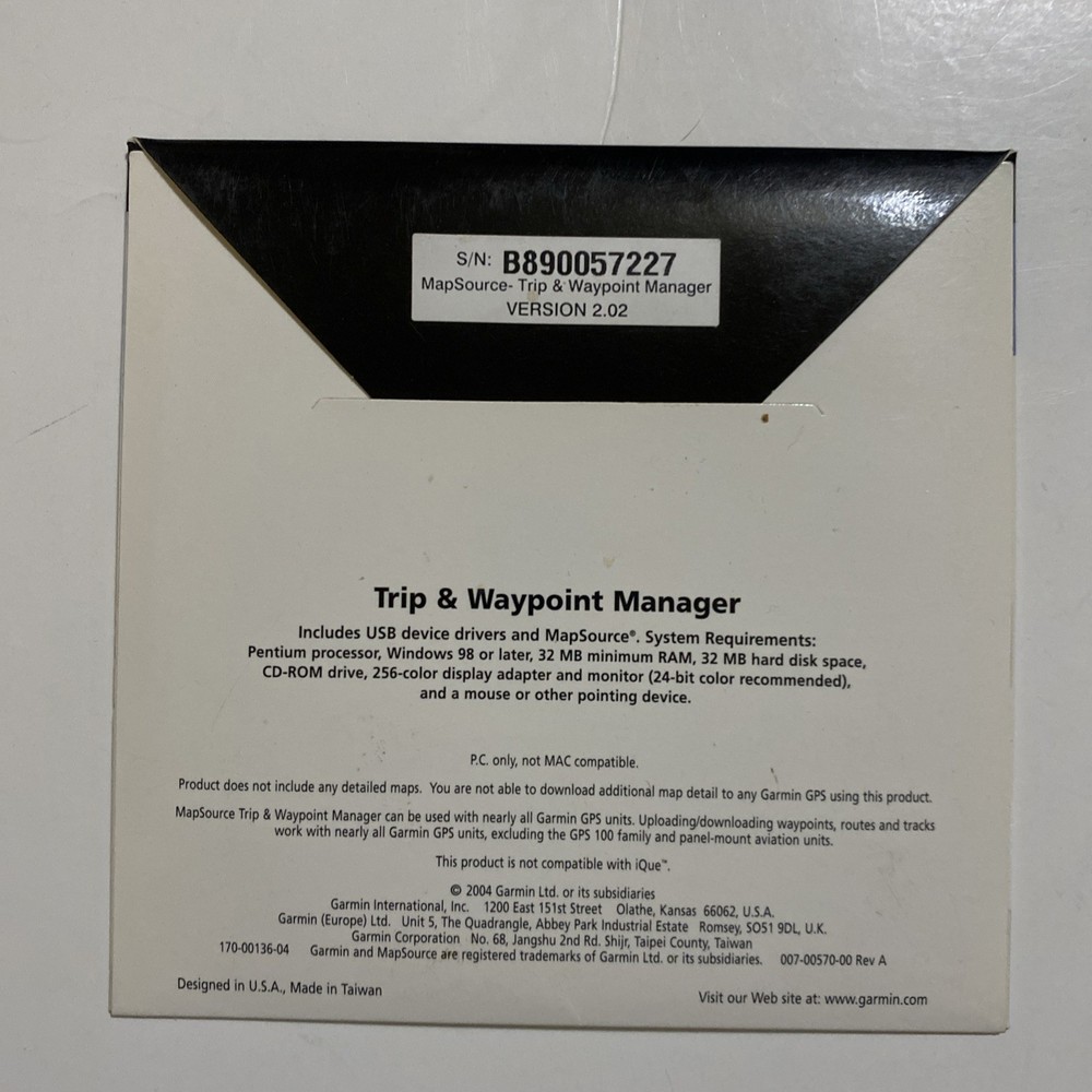 Garmin MapSource Trip & Waypoint Manager v2.02 CD OEM Windows 98 GPS Software