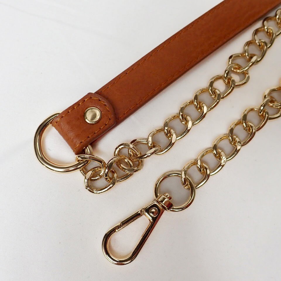 Center Leather Chain Shoulder Strap (Light Brown) - Cotton Raffia