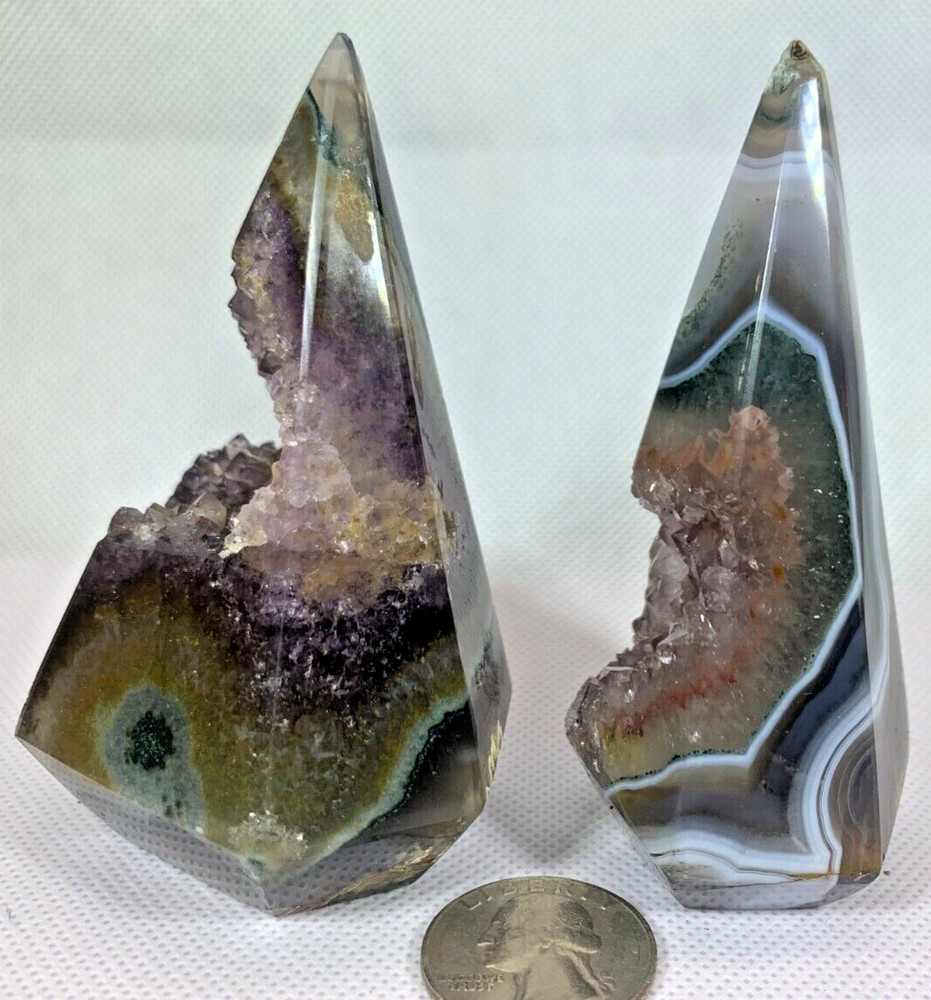 AMETHYST PYRAMID POINTS WITH OPEN CAVES OF CRYSTAL POINTS - NEW DESIGN CUT