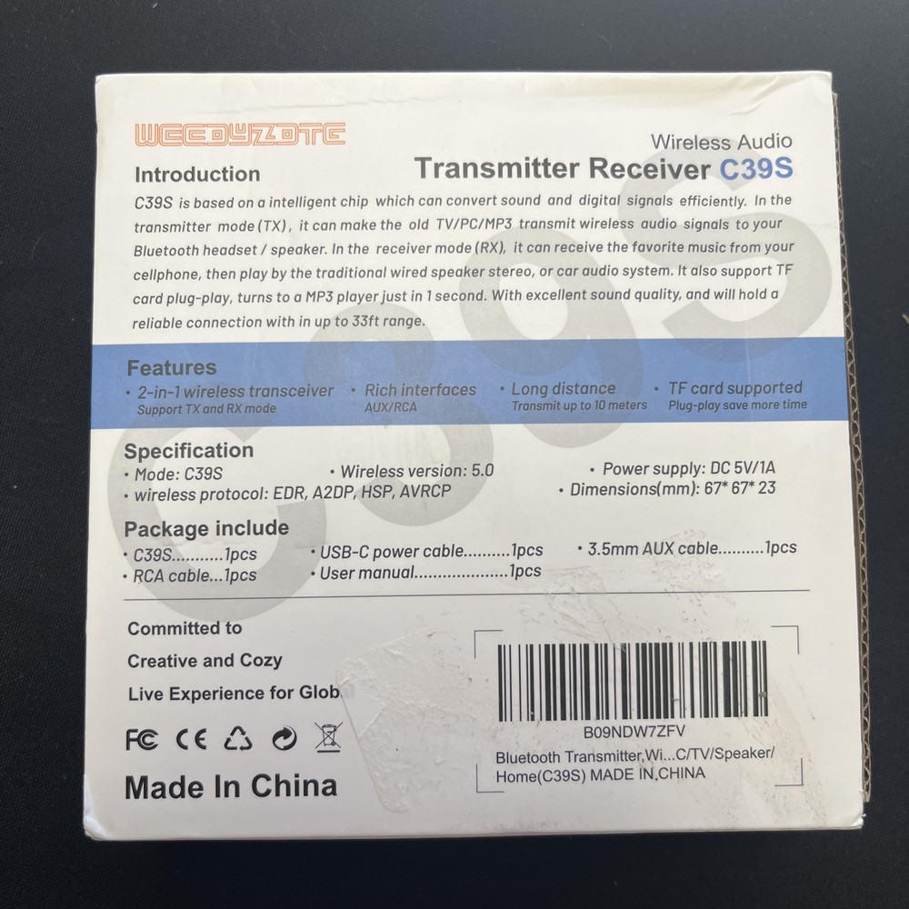 C39S Wireless Audio Transmitter Receiver LCD Screen Display Bluetooth Aux MP3