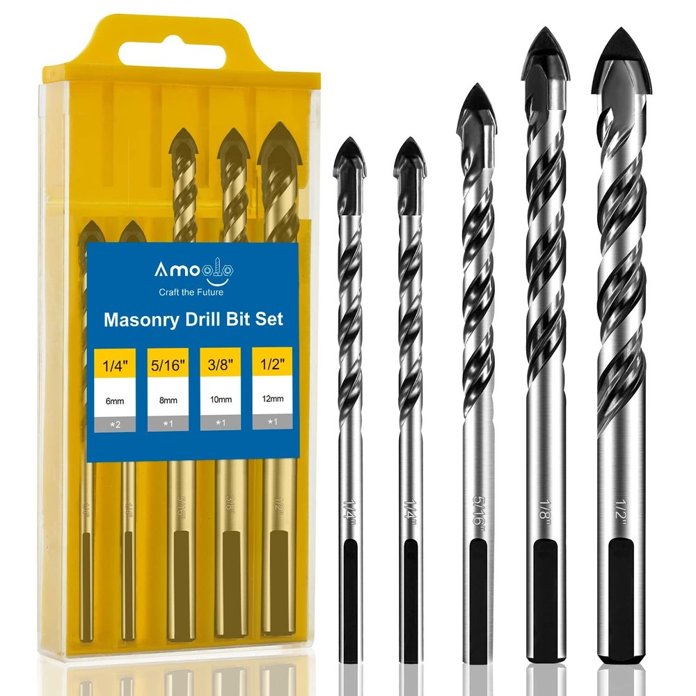 amoolo Masonry Drill Bit Set 5pcs, Concrete Bits with Carbide Normal