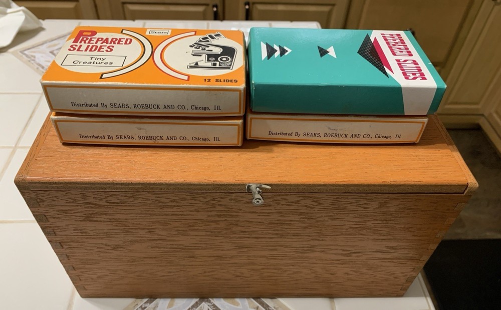 Microscope by Selsi with original wood case, Slides, Tools, Drops, Manuals