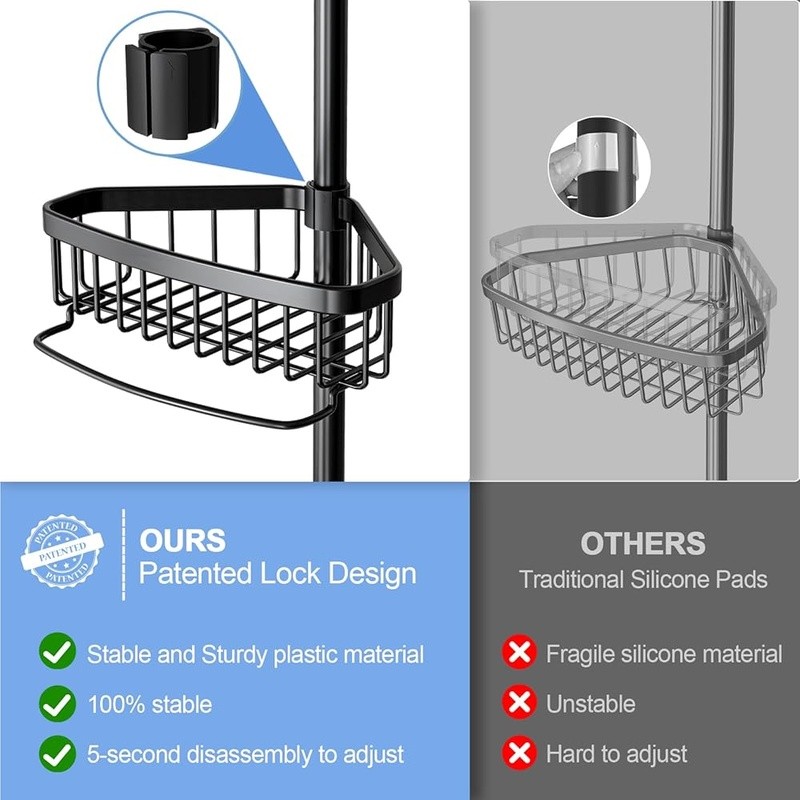 Adjustable Shower Caddy Tension Pole W/ 4 Baskets & Hooks Rust Resistant Storage