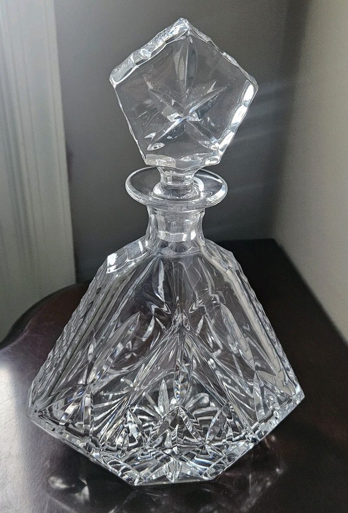 Vintage Block Cut Crystal Triangular Decanter & Stopper Olympic Pattern Heavy