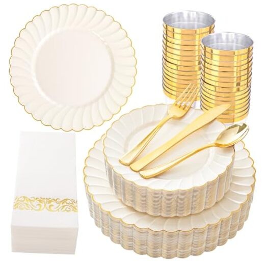 Scalloped Plastic Plates - Gold Disposable Dinnerware Set Include 175PCS Ivory