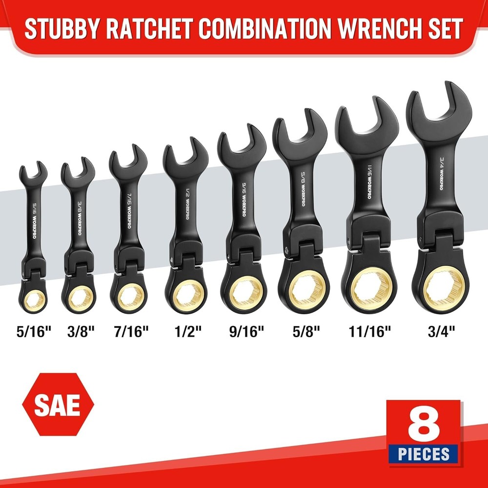 WORKPRO 8-Piece Ratcheting Combination Wrench Set with Rolling Pouch 72-Teeth