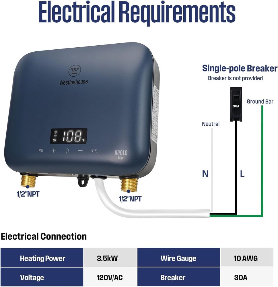 Westinghouse 3.5/6.5/8KW Electric Tankless Water Heater Instant Hot Water LED