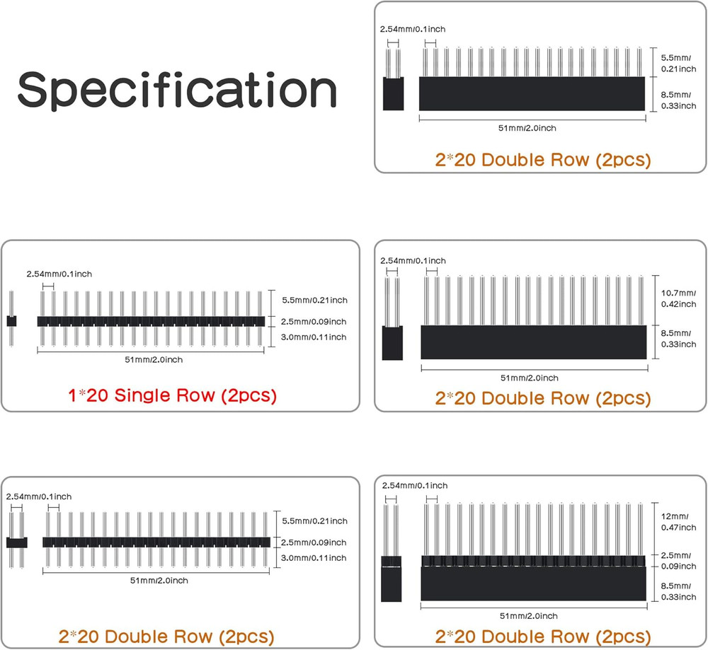 40 Pin Stacking Female Header Kit for Raspberry Pi GPIO Extensions – 2x20 Pack