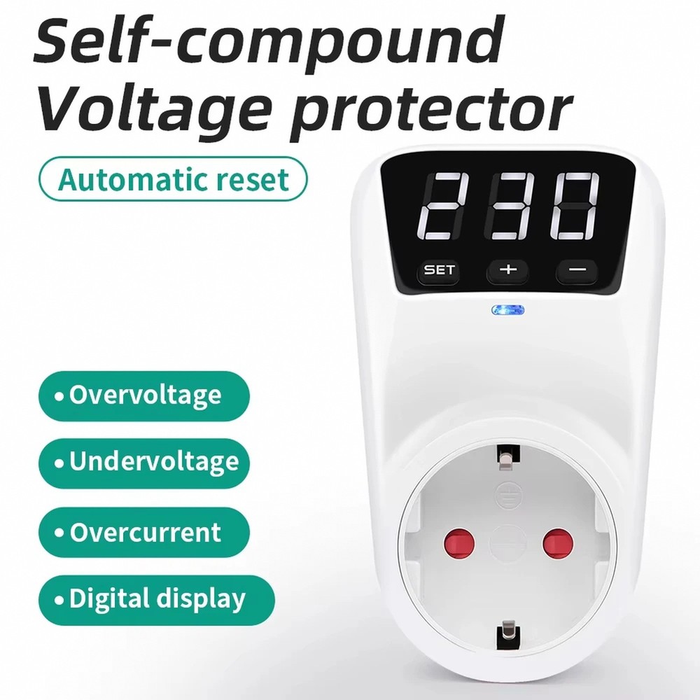 Automatic Voltage Protector 16A 230V Adjustable Surge Protection EU Socket