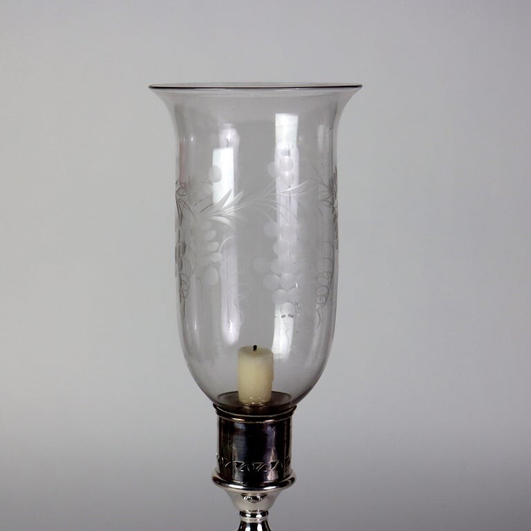 Embossed Silver Plate Candlestick with Grape & Leaf Etched Shade C1890