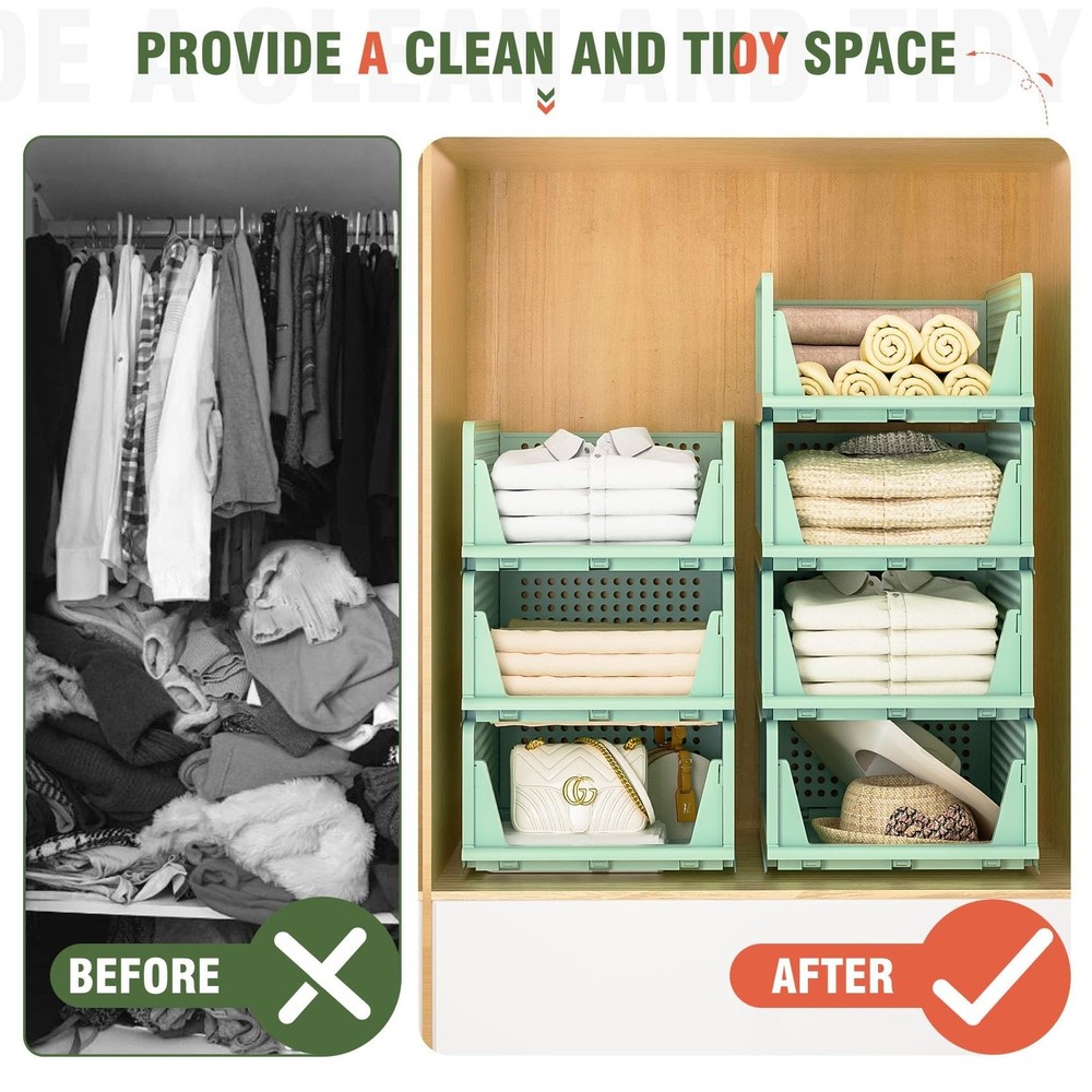 Closet Organizer, 4 Pack Stackable Storage Bins for Closet Shelves, Plastic S...