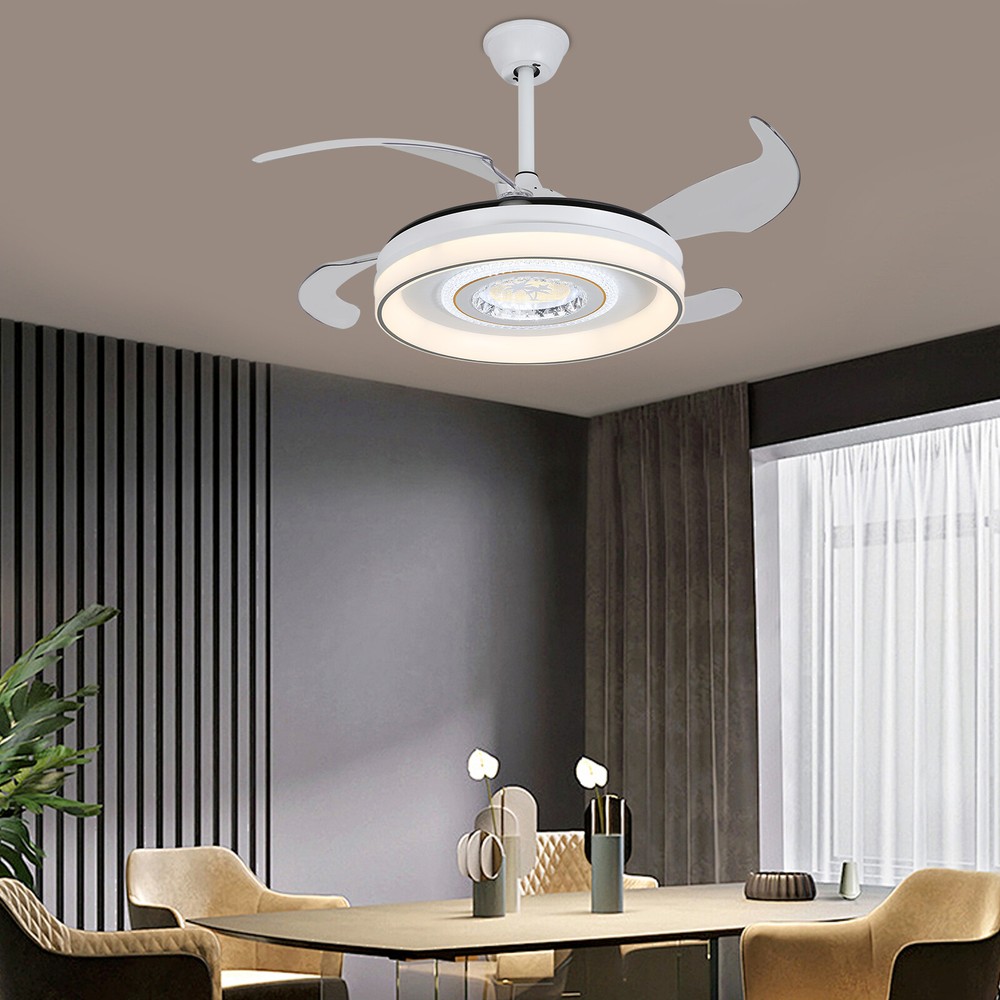 42in Modern Flush Mount Round Dimmable Ceiling Fan Light W/Remote White & Grey