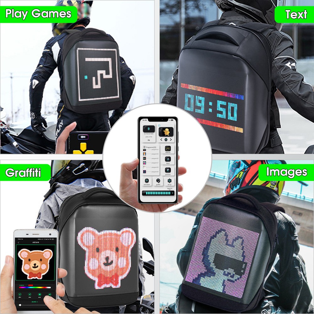 LED Backpack w/Full-color screen Laptop Bag DIY programming Backpack Waterproof