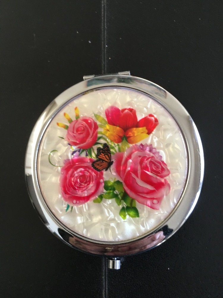 Round  Double Sided  Makeup  Compact Mirror With magnifying side, Flowers