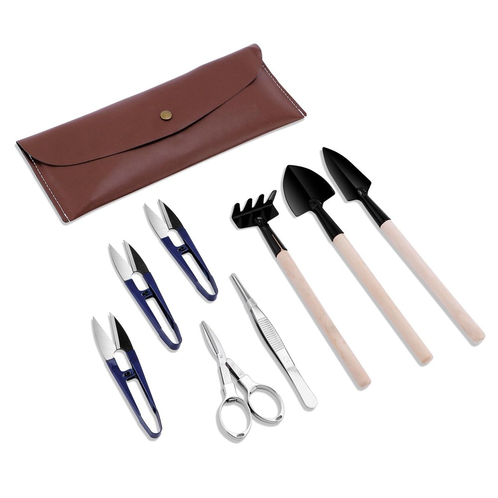 Bonsai Set 8 Pcs - Include Pruner, Fold Scissors, Mini Rake, Bud & Leaf Trimmer