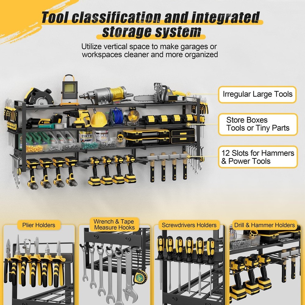 49.4'' Large Power Tool Organizer Wall Mount, 4-Tier Tool Storage Rack with 1...