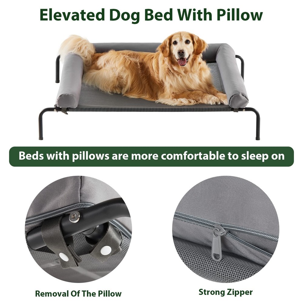 Cooling Elevated Dog Bed Large Waterproof Raised Cot Slope Headrest Grey
