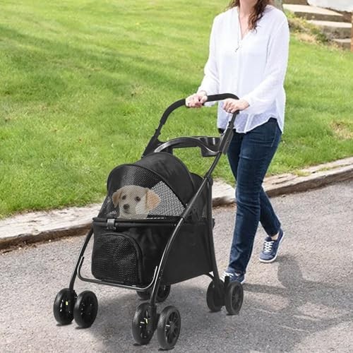 Foldable Pet Stroller, Dog Stroller for Medium Dog 20+ lbs, 4 Wheels Cats Black