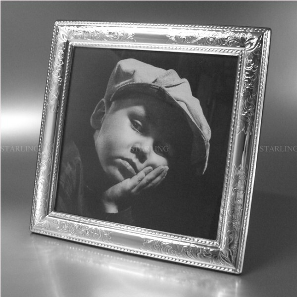 Elegant Square Photo Frame Viennese Engraving Solid 925 Sterling Silver-V1