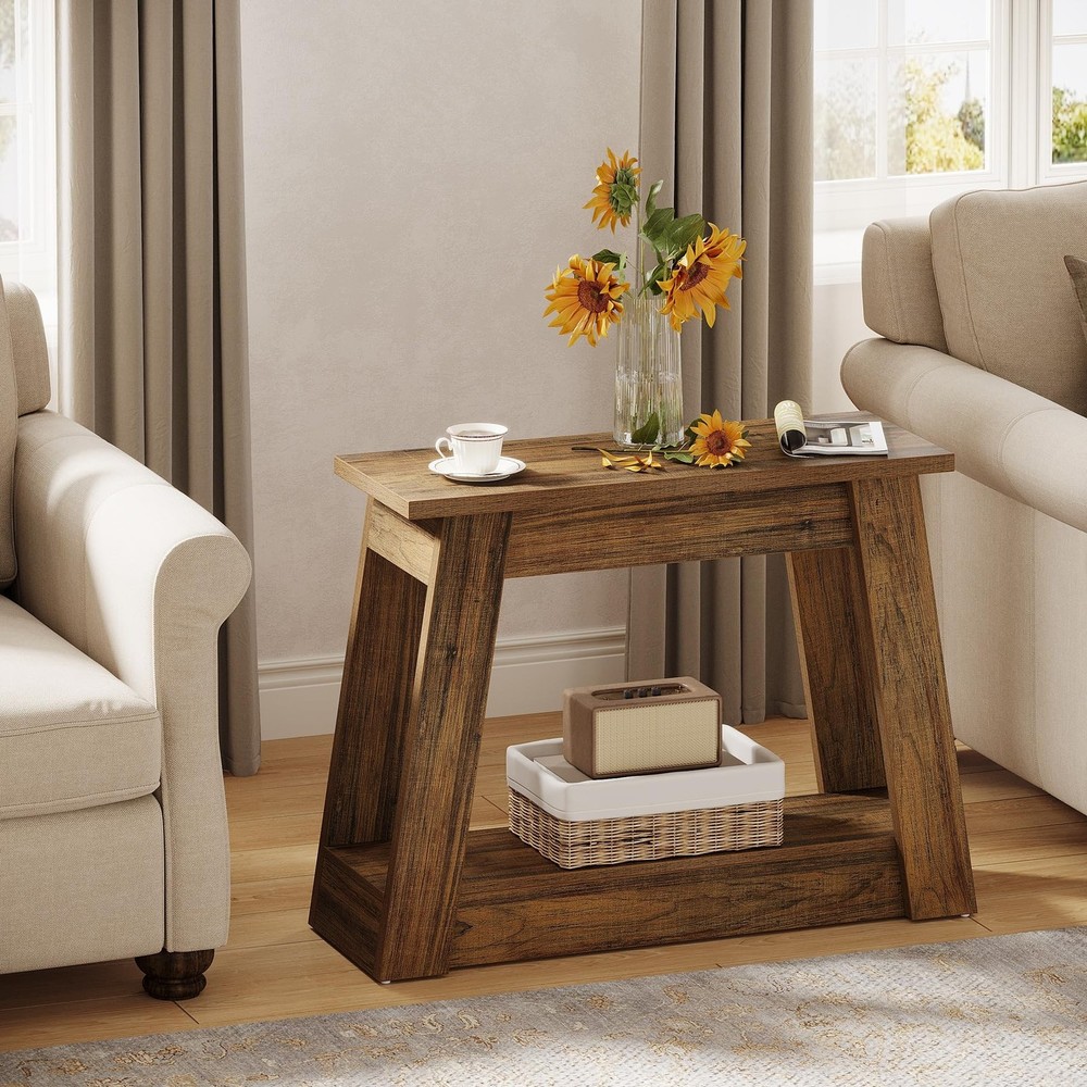 Tribesigns Wood End Table, Small Side Table with 2 Storage Shelves, Rustic Ac...