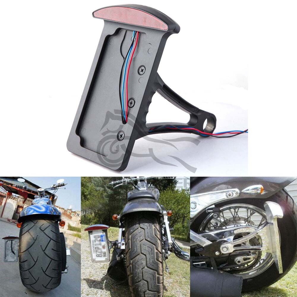 Black Vertical Side Mount License Plate Holder Bracket Tail Light for Harley