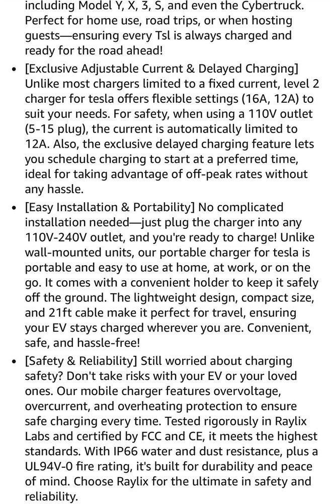 Raylix EV Portable Charger for Tesla