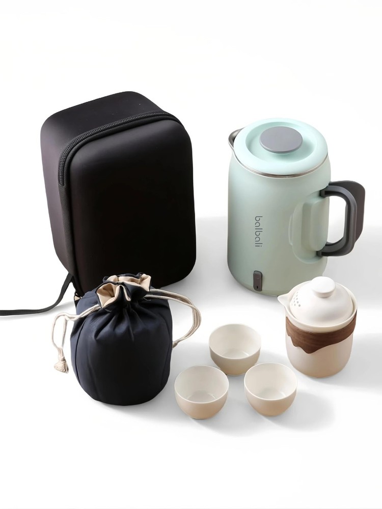 Complete Travel Tea Set with Mini Electric Kettle 0.6L, Hardshell Case for Po...