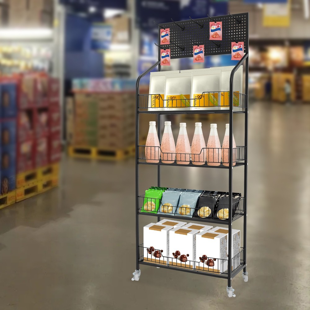 Rolling Retail Display Rack 4 Tier Black Store Merchandise Shelf Unit