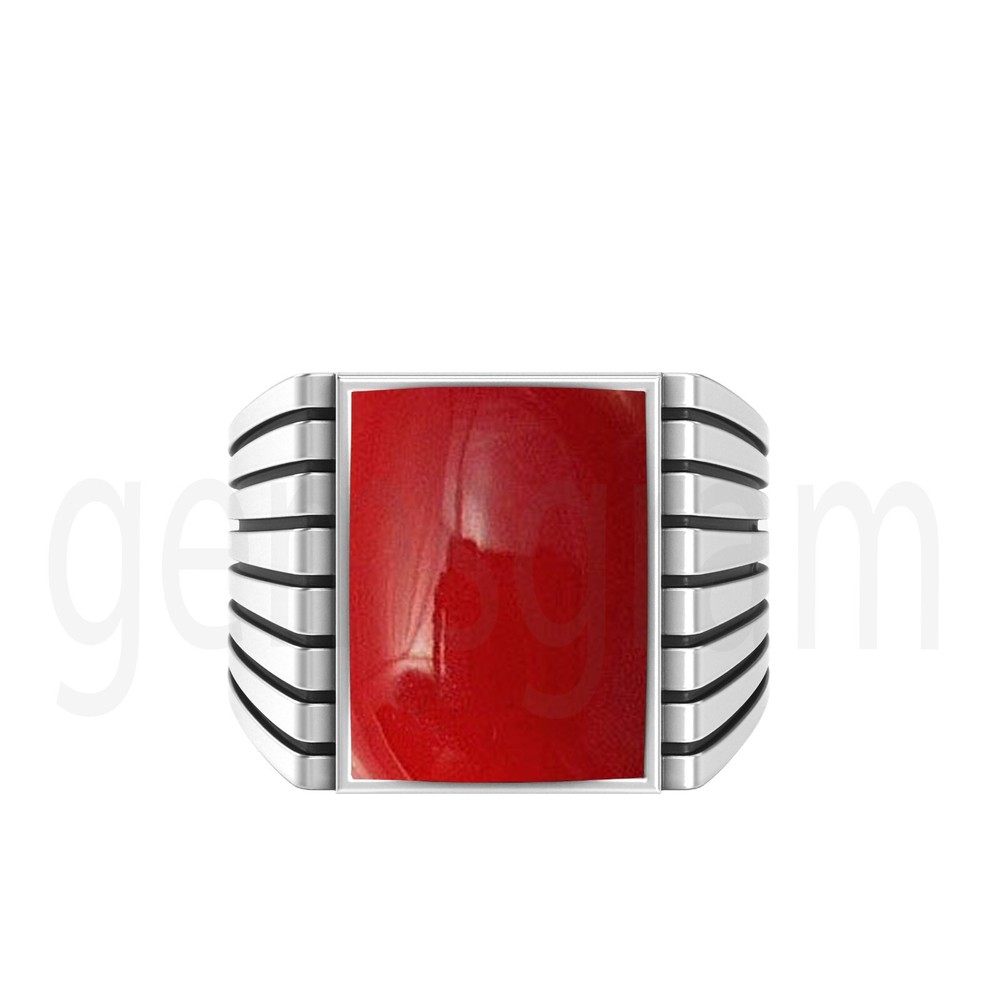 Solid-925 Sterling Silver Natural Gemstone Red Coral Light Weight Men's Ring Gft