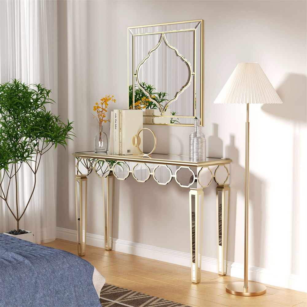 1.2m Ultra Long Mirrored Console Table Gold Rim Lantern Pattern Entryway Table