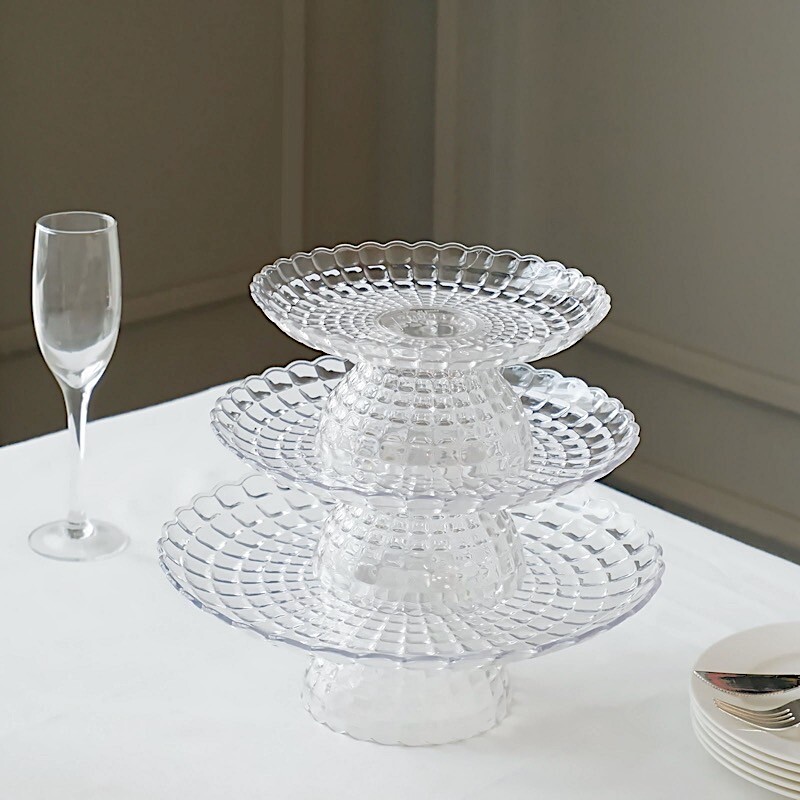 3 Clear Plastic CUPCAKE STANDS Pressed Design Stackable Dessert Pedestals Party