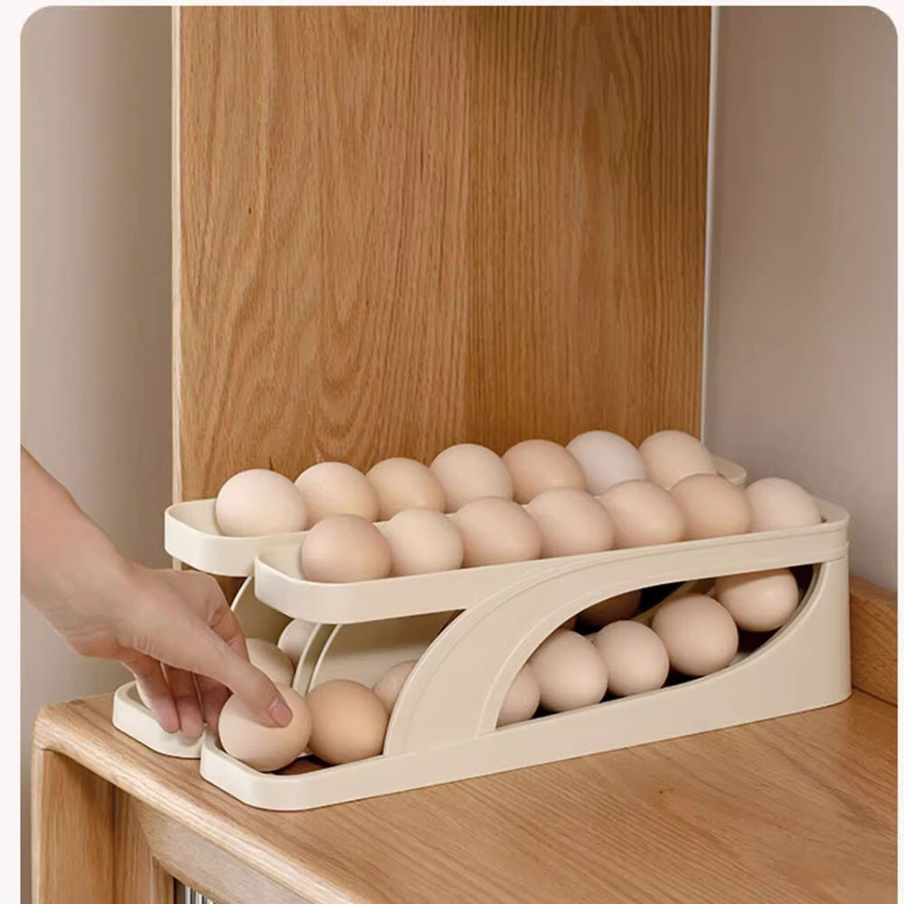 Rolldown Refrigerator Egg Dispenser Auto Rolling Egg Holder 2 Tiers Storage Rack