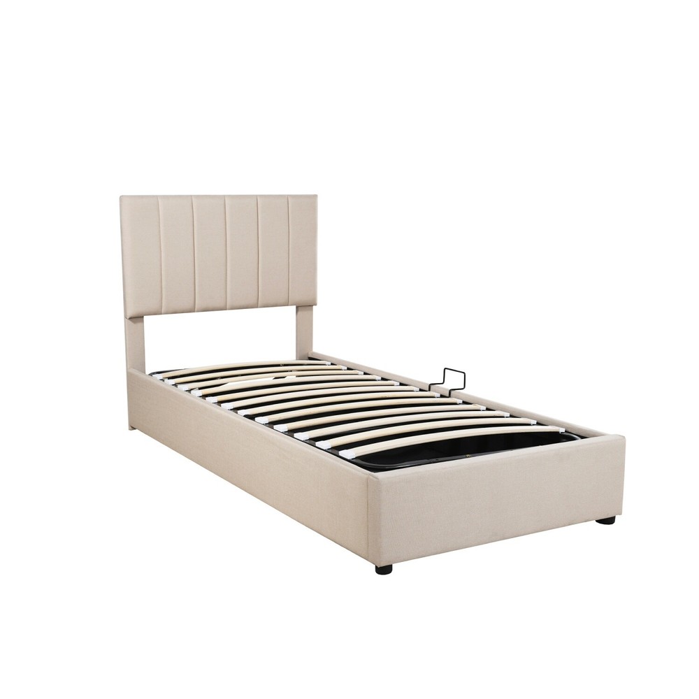 Twin Size Linen Upholstered Platform Bed w/ Hydraulic Storage System Beige