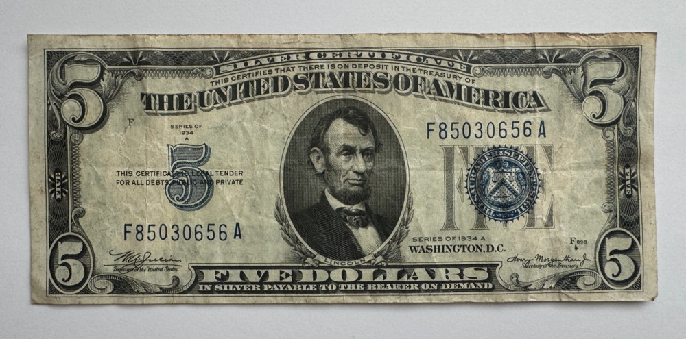 1934 A, $5 Five Dollar, Blue Seal Silver Certificate, F85030656A