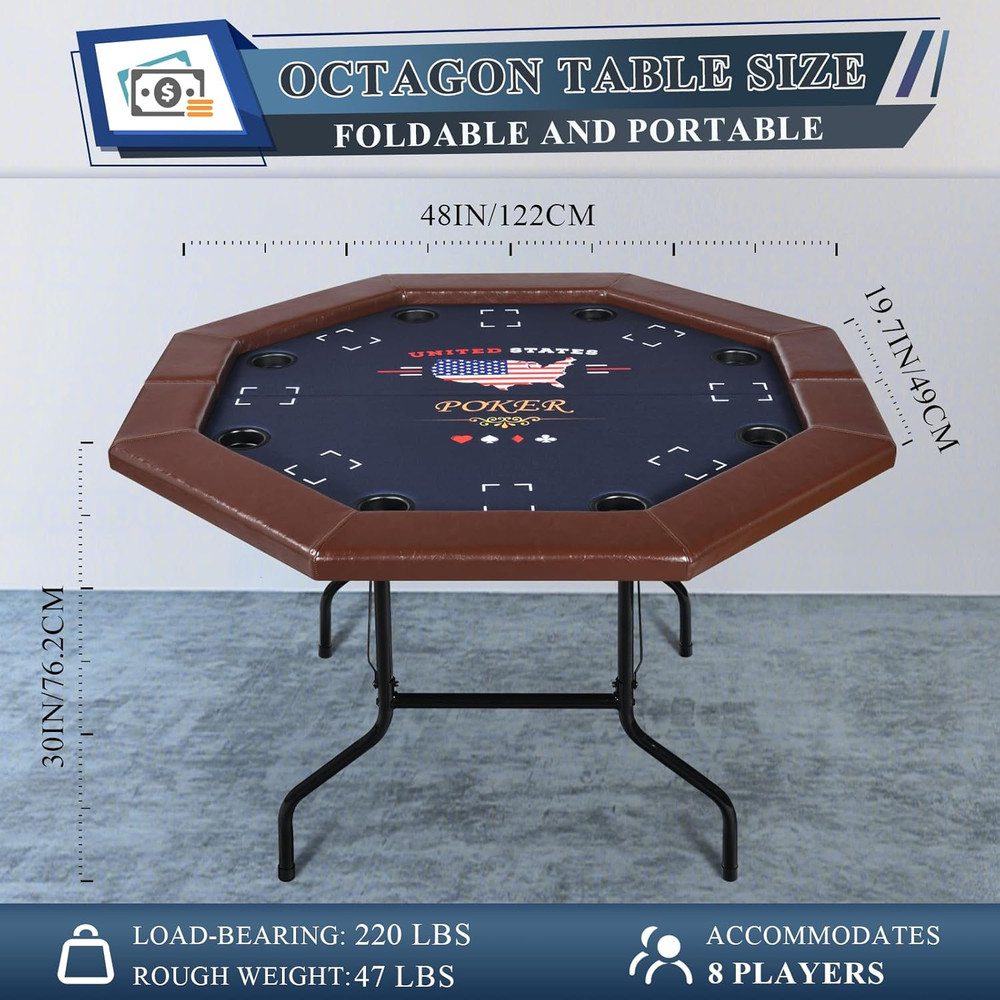 48" Poker Table Foldable, 8 Player Octagon Folding Portable Card Table with Padd