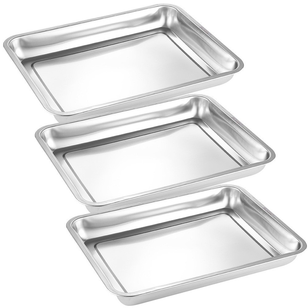 3pcs Heavy Duty Oven Pan Stainless Steel Rectangular Deep Edged Tray