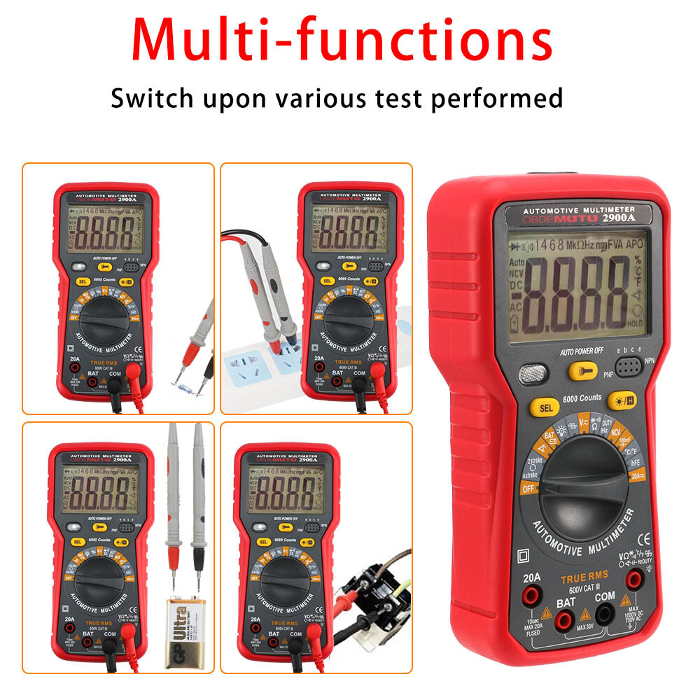 2900A Digital Multimeter 6000 Counts Dwell Angle RPM Meter AC DC Voltage Current
