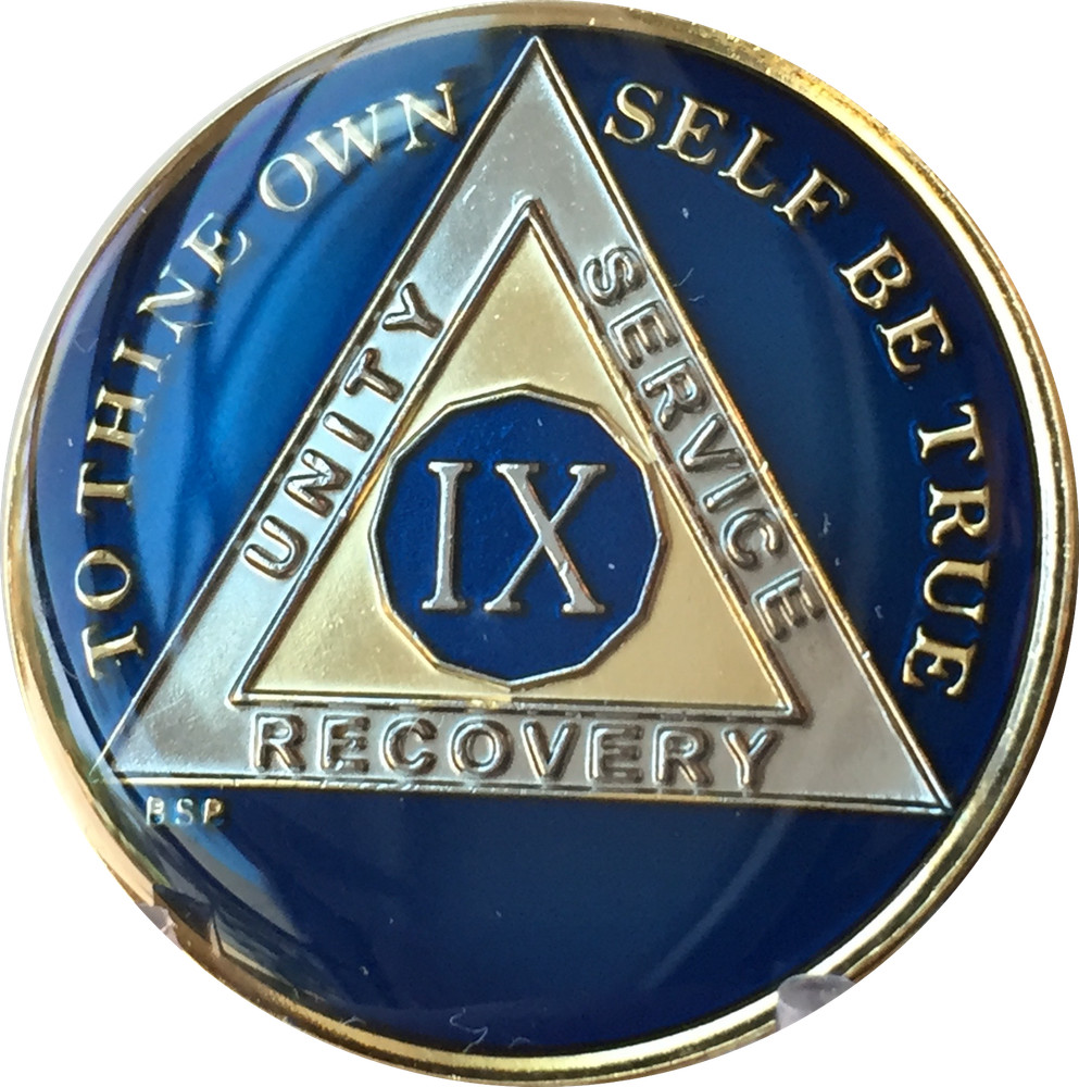 9 Year Midnight Blue AA Medallion Alcoholics Anonymous Chip Gold Tri-Plate IX