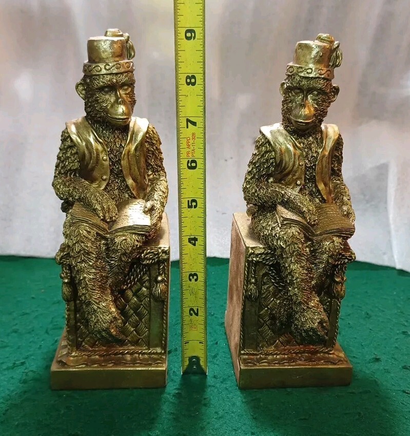 Vintage 2 Scholar Monkey Book Ends, Gold Gilded Heavy, "Very Nice"