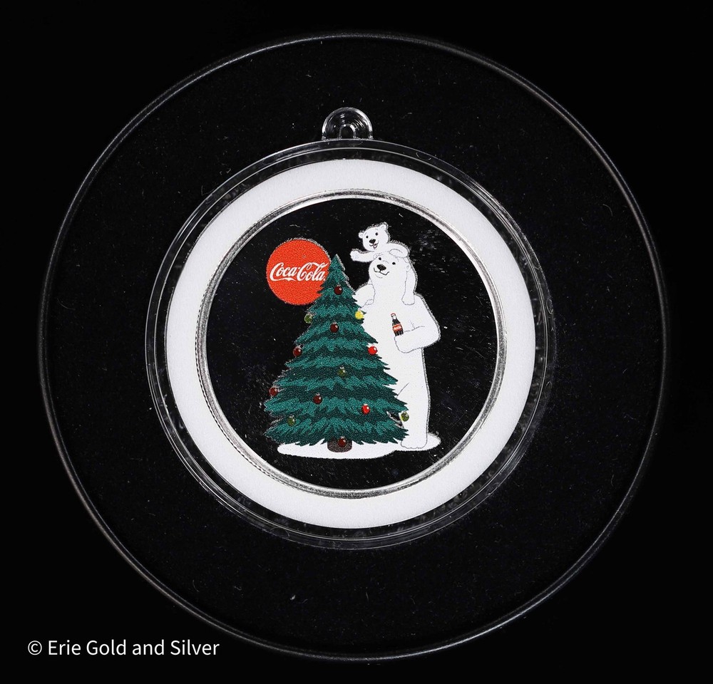 Coca-Cola Christmas Tree Polar Bear 1 oz Silver w/ Tin