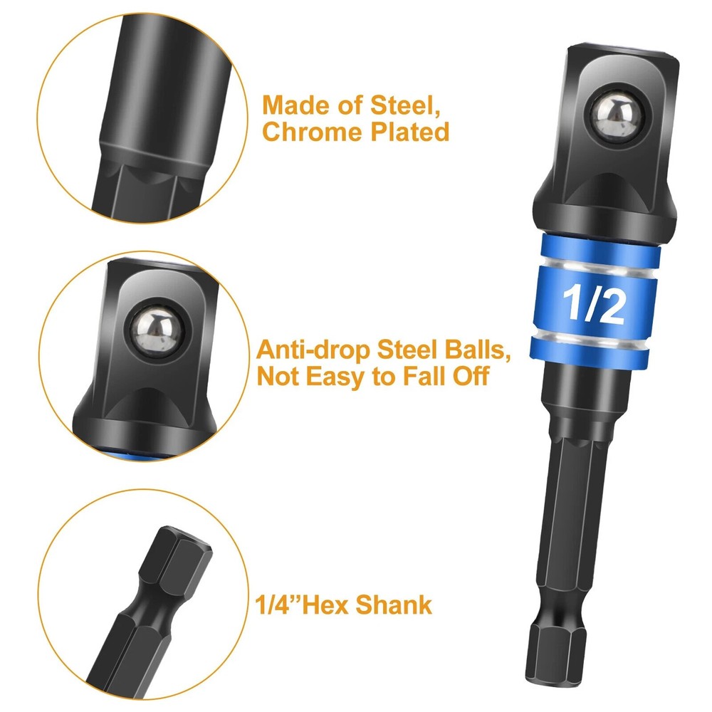 Socket Adapter Impact Hex Shank Drill Bits Set 1/4" 3/8" 1/2"+105° Right Angle
