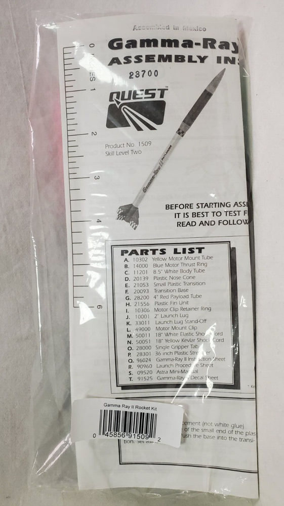 Quest #1509 "Gama-Ray II" Payloader Flying Model Rocket Kit Mint Sealed Package