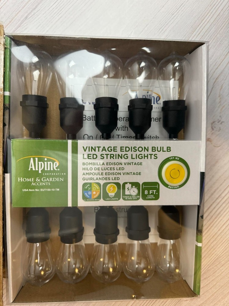 10ct Integrated LED Edison Bulb String Lights with Timer - Black Wire - Alpine