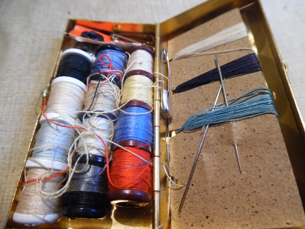 Old Mini Sewing Box Metal With Items