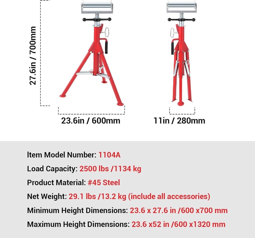 Pipe Stand Adjustable Height 2500 Lbs Portable for Welding & Construction